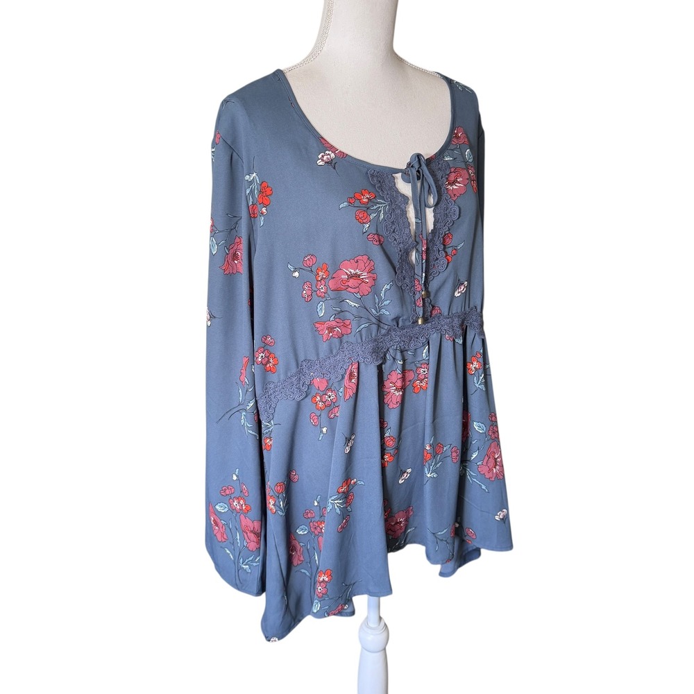 Eyeshadow Blue Gray Floral Lace Trim Tie Neck Peasant Tunic Blouse Top 3X *READ‎ - Picture 11 of 14